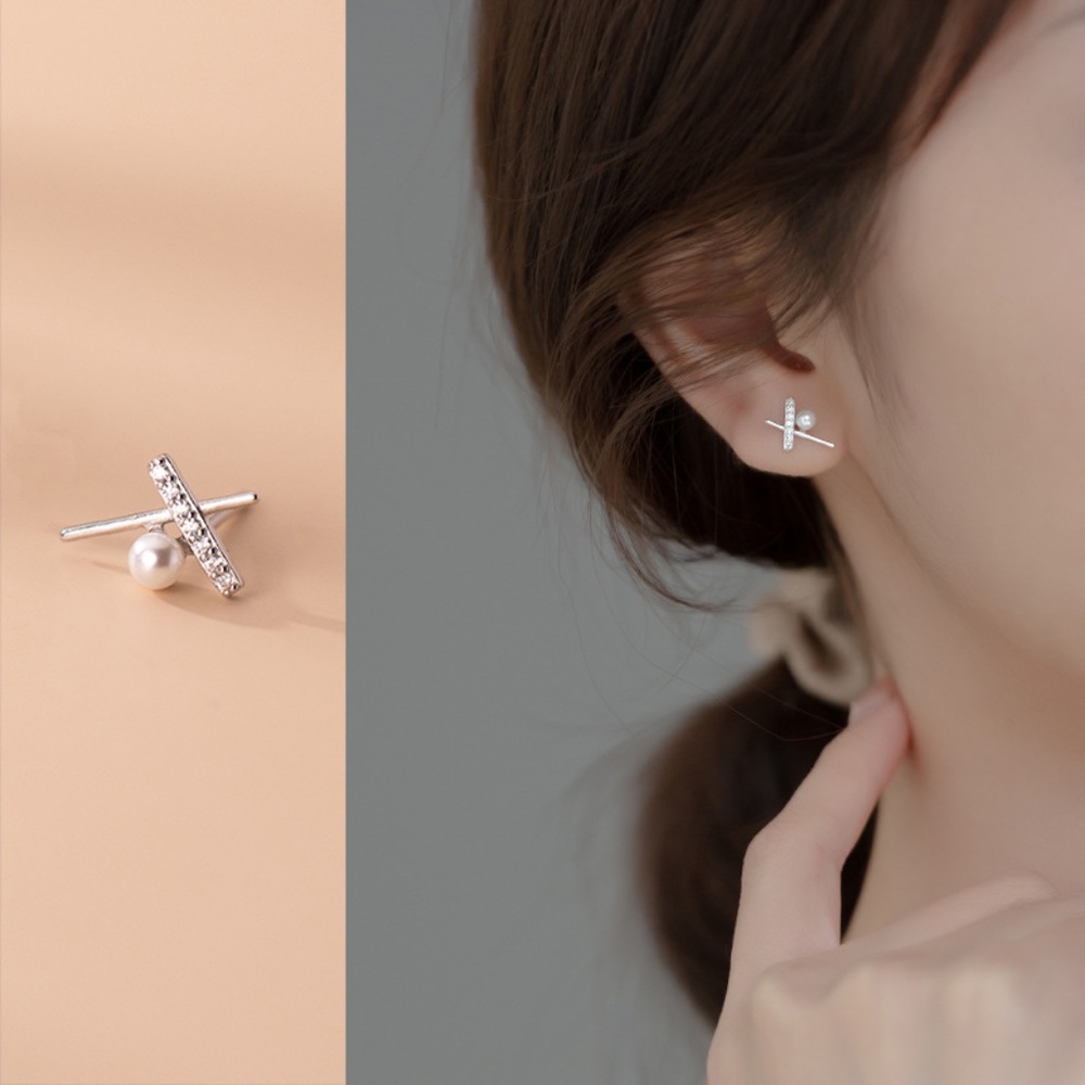 Sterling Silver Modern Pearl Rhinestone Earrings